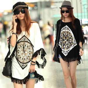 Mode Kvinnors Fringed Loose Short Sleeve Lång Batwing Shirt Blus Casual Plus Storlek T-shirt Toppar S-XXL Vit / Svart Gratis frakt