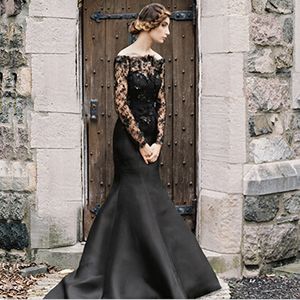 Vintage preto gótico vestidos sareh nouri sereia mangas compridas vestidos de nupcial trombeta cetim laço ilusão de laço apliques varredores personalizado
