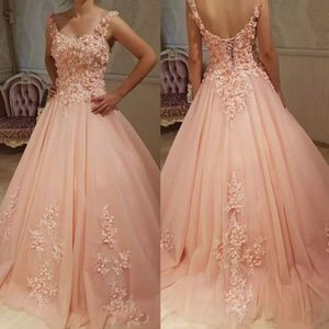 2019 Fashion Prom Dresses spetsapplikationer ärmlösa aftonklänningar med 3D-blommor snörning bakåt a-line formell festklänning -up