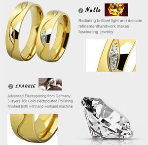 Simple CZ Diamond Lovers Ring 18K Gold Plated Titanium Stainless Steel Rhinestones Studded Wedding Rings Jewelry / Jewellery For Women men