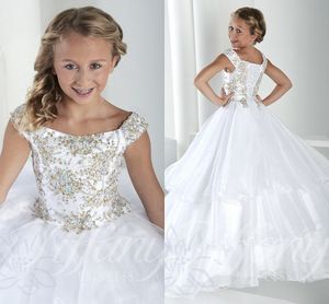 Tiered Tulle Crystal Long Girl's Pageant Dresses Cap ärmar Lace Up Back Princess Flower Girls Dress Billiga formella fest Gown261p