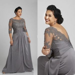 Gorąca Sprzedaż Plus Size Matka panny Młodej Groom Dress Grey Lace Appliqued Top Illusion Bateau Neck 3/4 Rękawy Wedding Party Suknia