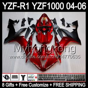 8Gifts + corpo para YAMAHA YZFR1 04-06 lustroso vermelho YZF R1 MY45 YZF1000 YZFR1 04 05 06 YZF 1000 escuro preto vermelho YZF R Kit 1 2004 2005 2006 Fairing