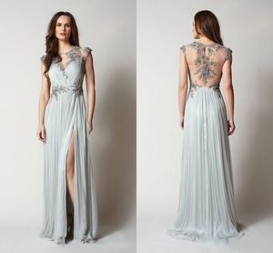 Chiffon Applique Evening Gowns Sage High Side Split Long Sexy Fashion Formal Dress Pleats Sheer Back See Through Winter Catherine Deane