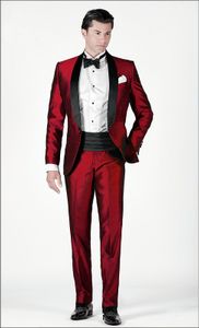 Utmärkt stil One Button Dark Red Groom Tuxedos Sjal Lapel Groomsmen Mens Bröllopsklänningar Prom Passar (Jacka + Byxor + Girdle + Tie) H338