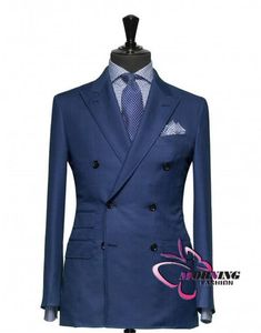 Mavi Suit Damat Smokin Çift Göğüslü Zirveli Yaka Blazer Iş Takım Elbise Groomsmen Erkekler Düğün Suits (Ceket + Pantolon + Kravat) No: 04