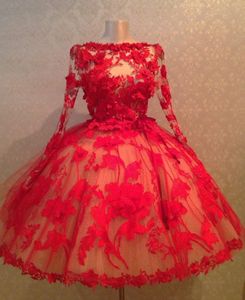 Red Ball Gown Short Wedding Dresses Formal With Applique Tea Length Long Sleeve Wed Dress Church Lace Western Style Chic Wedding Dresses