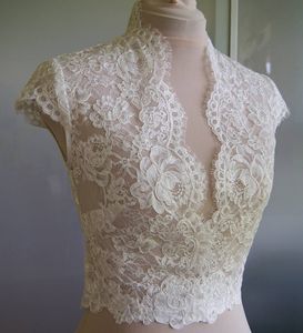 Högkvalitativ Ivory Lace Bridal Jacka med Cap Sleeve V-hals Bolero Custom Made Wrap Bridal Tillbehör för bröllopsklänning
