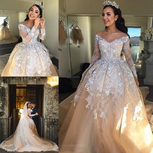 Luxury Champagne Wedding Dresses Saudi Arabia Off The Shoulder Long Sleeves Bridal Gowns Lace Appliques Tulle Ball Gown Wedding Vestidos