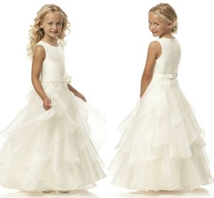 Linia Scoop Ivory Organza Girl's Girl's Controsels Sukienki podłogi Pasek kwiatowy Dzieci Formalne noszenie na ślub Hy1282