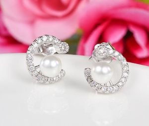 925 Sterling Silver Stud Kolczyki Moda Biżuteria Litera C Pełna cyrkoniona Diament Crystal Shell Pearl Kolczyk Dla Kobiet Dziewczyn