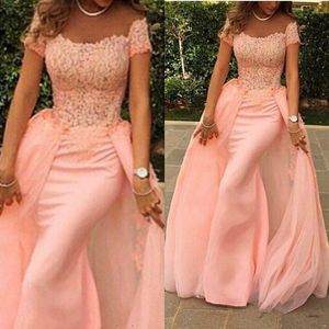 Avtagbar Fashion Blush Pink Mermaid Elegant Aftonklänningar Ärmar Av Axel Kortärmad Lace Prom Klänningar Särskilt tillfälle