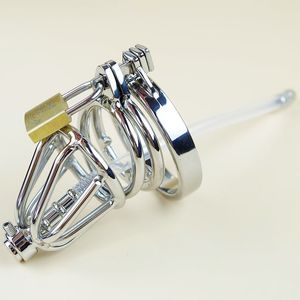 Stainless Steel Chastity Cage with Hollow Removable Urethral Insert Tube Barbed Anti off Ring Bondage Gear SM Bondage Hood Device