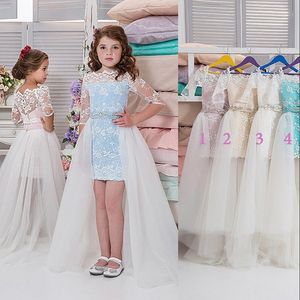 Lace High Low Flower Girl Dresses With Tulle Over Skirt Bateau Halv Ärmar Beaded Birthday Party Dress Fairy Princess Girls Pageant Dress