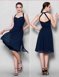 Dark Navy A-line Halter Knee-length Chiffon Sleeveless Popular Convertible Bridesmaid Dress