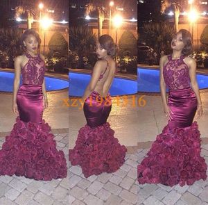 Sexy Backless Rose Flower Prom Dresses Embroidery Appliques with Beads Sheer Neck Amaranth Taffeta Mermaid Evening Gowns Long Formal Dresses