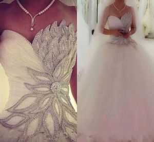 Bling Beaded Crystal Sweetheart Wedding Dresses Saudi Arabia Sequins Tulle Plus Size Ball Gown Custom Vestido de novia Bridal Gown Arabic