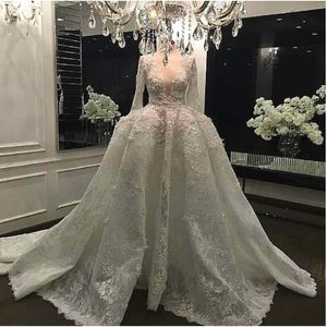 Abito da sposa di lusso con perline in pizzo Abito da sposa con scollo a V Maniche lunghe Applique Abiti da sposa da sposa in avorio Abiti da sposa con strascico di moda