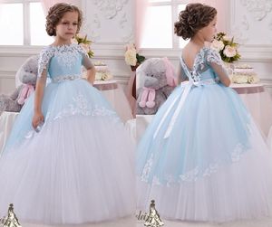 Meia Manga Céu Azul Flor Meninas Vestidos de Cristais Frisados ​​Rendas Apliques Puffy Flowergirl Vestidos Até O Chão Tulle Ruched Comunhão Vestidos