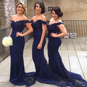 Best Selling Granatowy Blue Druhna Dresses 2016 Lace Off Shoulder Mermaid Maid of Honor Suknie na ślub Sweep Pociąg Szyfonowe Suknie Formalne