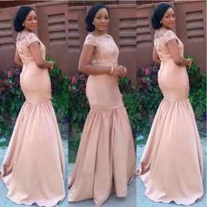 Afrikanska 2017 Dusty Pink Mermaid Bridesmaid Dresses Long Lace Bateau Capped Sleeve Maid of Honor Wedding Guest Dress Custom Made EN11303