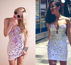 Bling Crystal Short Prom Dresses 2019 Rhinestone Strapless Graduation Dress V Neck african prom dress vestido de festa Mini Cocktail Dress