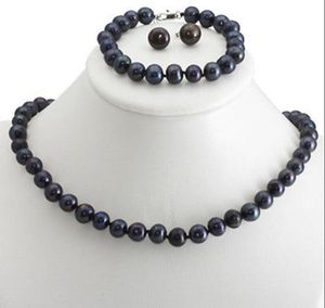 Äkta 8-9mm Natural Black Akoya Cultured Pearl Halsband Armband Örhängen Set