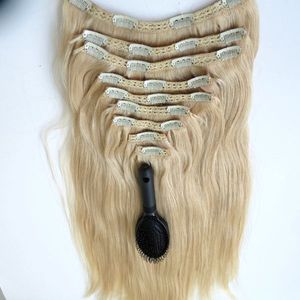 320g 9 SZTUK / 1SET Clip in Hair Extensions 20 22 inch # 60 / Platinum Blondynka Brazylijski Indian Remy Human Hair Extension
