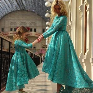 Arabic Daughter New and Mother Dark Teal Jewel Ball Gown with Long Sleeves Hi Lo Evening Flower Girls Dresses BO8941