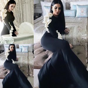 Arabia Saudyjska Czarna Syrenka Suknie Wieczorowe Długie Rękawy z Białymi Ruffles Prom Dresses Satin Dubai Women Formal Party Dress Custom
