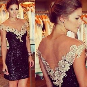 Sexy Black Sequined Mini Cocktail Dresses with V-Neck Lace Appliqued Short Prom Party Dresses Open Back Club Wear vestido de formatura