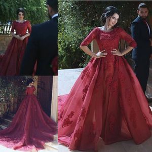 Dark Red Lace Overskirt Evening Dresses With Half Sleeves Bateau Neck Appliqued A Line Prom Gowns Sweep Train Organza Formal Dress