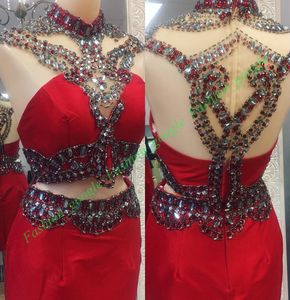 Vestidos de 15 Cortos Bling Bling Crystals 2 stycken Röda Homecoming Klänningar med Beaded High Neck Short Pageant Dress Zipper Back Real Photos