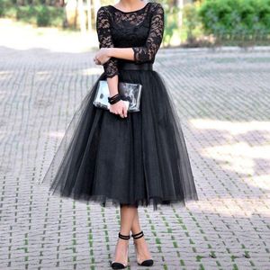 Charming Black Homecoming Dresses A Line Scoop Neck Lace 3/4 Long Sleeves Tulle Skirt Party Dress Shower Tea Length Prom Gowns