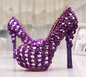 Grandi dimensioni 11 splendidi tacchi con plateau in cristallo viola décolleté da donna scarpe eleganti per la festa nuziale 5 pollici scarpe da ballo con bouquet da sposa