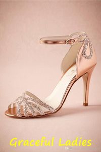 Sapatos de casamento reais com brilho em ouro rosado, sandálias douradas com fivela de couro, glitter para festa de dança, salto alto envolto feminino244a