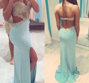 Prom sukienki z boczką rozcięciem Wytnij Sweetheart Sexy Party Sukienki Zroszony Aplikacje Backless Dresses Party Suknie wieczorowe