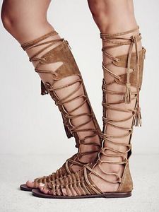 2017 Lato Moda Lace-UP Long Gladiator Sandały Cięcie Kolano Wysokie Kobiety Buty Peep Toe Plus Size Kobiety Płaskie buty