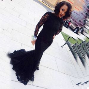 Modest Black Lace Evening Dresses Illusion Long Sleeves Mermaid Prom Gowns Floor Length Formal Wear Wedding Party Guests Dress