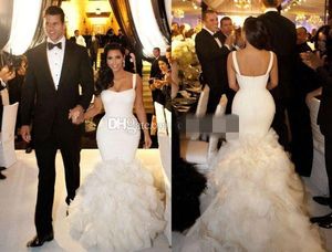 Kardashian-Hochzeit. großhandel-Sexy ausgestattete Trompete Meerjungfrau Brautkleider mit Spaghetti Trägern Promi Kim Kardashian Brautkleid nach Maß