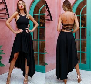 Fashion Black High Low Prom Dresses Spaghetti Straps Satin Backless Sexy Evening Dresses Cheap Party Dress Fast Shipping