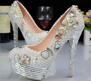 Romantisk Pearl Bridal Bröllopsklänning Skor Högklackat Rund Toe Crystal Pearl Rhinestone Bridesmaid Shoes Platform Evening Party Shoes