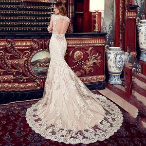 Modest Tulle Sheer Jewel decote recorte Sem Costas Vestido de Noiva Sereia Luxo Lace apliques vestidos de noiva mais vestidos de casamento Tamanho