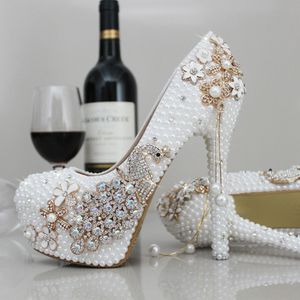 Fashion Luxury Pearls Crystals Rhinestone White ivory Wedding Shoes Size 12 cm High Heels Bridal Shoes Party Prom Women Shoes239J