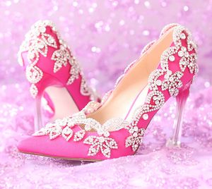 Splendide scarpe da sposa in raso di alta qualità con punta a punta Rhienstone Eleganti scarpe da ballo color fucsia Scarpe da ballo per banchetti