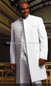 New Style Long White Stand Collar Groom Tuxedos Best Man Groomsmen Mens Wedding Suits (Jacket+Pants+Vest+Tie) AA459