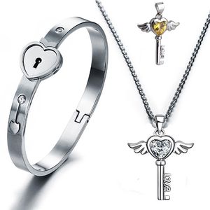 Titanium Steel Lovers Open Heart Lock Bangles Key Pendant Necklace Couples Charm Jewelry Set Women Accessories Men Bracelets