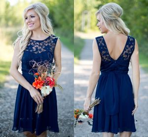 Cheap Country Bridesmaid Dresses For Weddings Illusion Neck Chiffon Lace Navy Blue Party Knee Length Short With Sashes Maid Honor Gowns