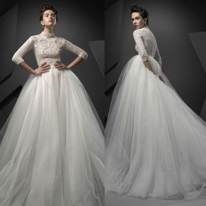 Ersa Atelier collo alto 3/4 maniche lunghe abiti da sposa applique in pizzo modesto abito da sposa vintage Sweep Train abito da sposa taglie forti