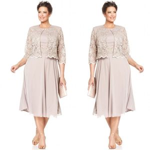 Plus Size Sukienki Matka Bride Krótkie Formalne Suknie Herbaty Długość Szyfonowa Party Wedding Dress Z 3/4 Długie Rękawy Kurtka Koronkowa Wykonana